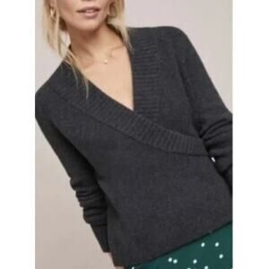 ett:twa Anthropologie Charcoal Gray Tessa Faux Wrap V-Neck Sweater Size S